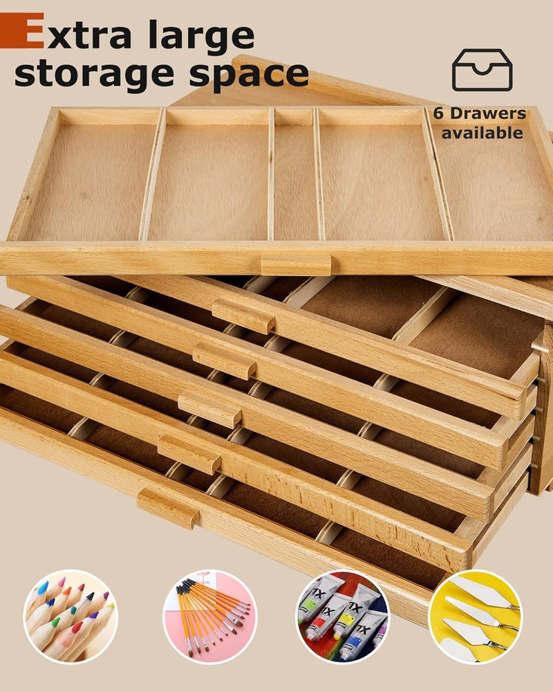 Dajar 6-Drawer Art Supply Storage Box, Portable Beech Wood Organizer with Removable Dividers for Brushes, Pastels, Markers, and Other Art Tools, Natural - Image 5